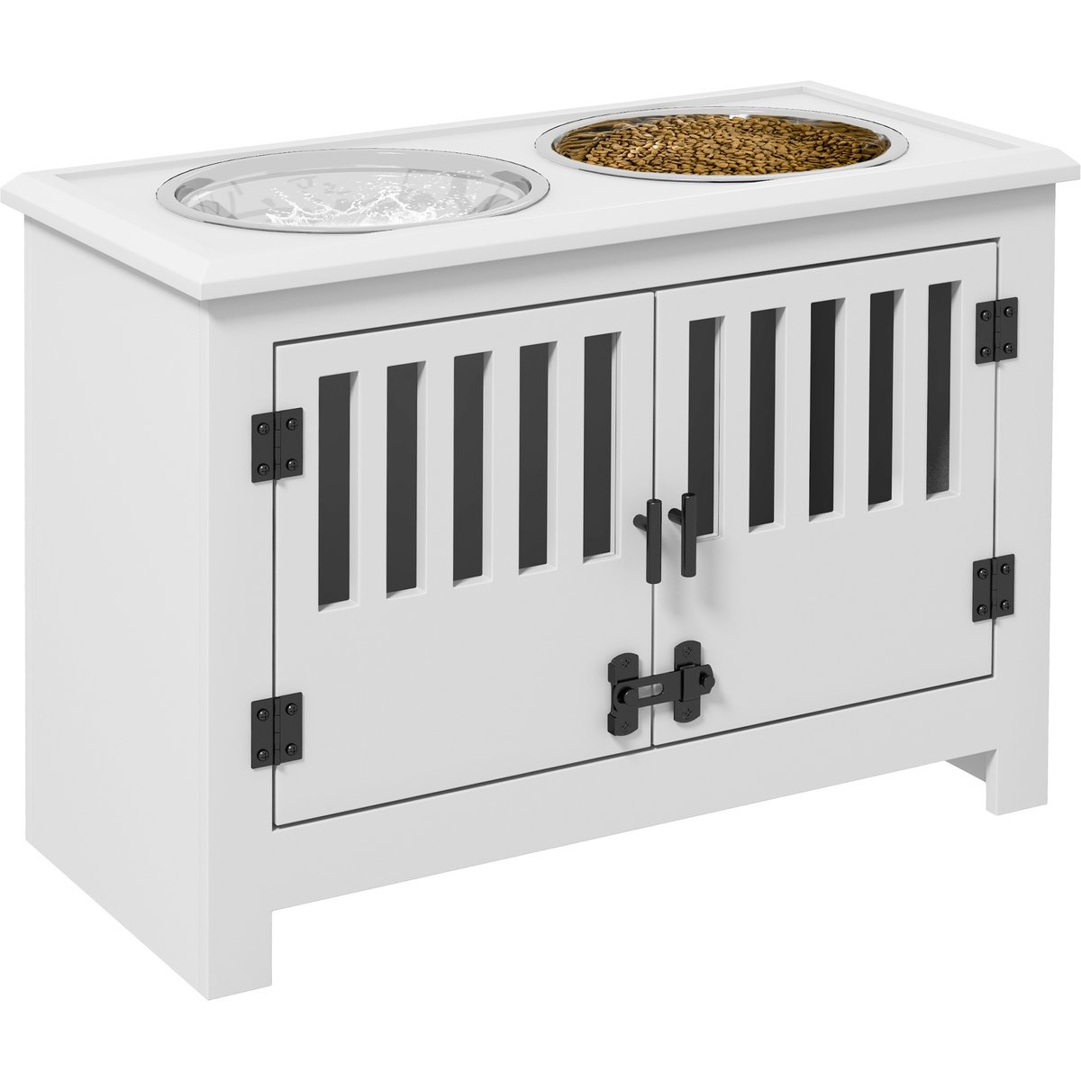 PawHut Large Stainless Steel Elevated Dog Bowls with Storage Cabinet, White