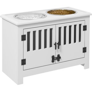 PawHut Large Stainless Steel Elevated Dog Bowls with Storage Cabinet, White