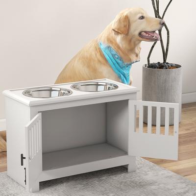 Show full view: PawHut Large Stainless Steel Elevated Dog Bowls with Storage Cabinet, White slide 9 of 9