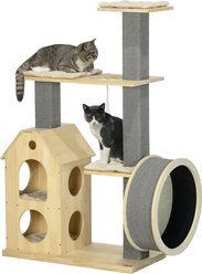 PawHut Modern 53-in Cat Tree with Scratchers & Wheel, Natural Wood, 31.5 x15.75 x 53.25-in