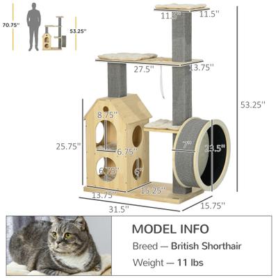 Show full view: PawHut Modern 53-in Cat Tree with Scratchers & Wheel, Natural Wood, 31.5 x15.75 x 53.25-in slide 3 of 9