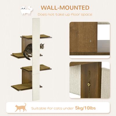 Show full view: PawHut Modern Wall Mounted Cat Tree with Scratcher & Shelves, Natural Wood, 25.5 x 12.75 x 56.25-in slide 4 of 10