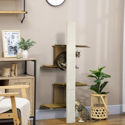 Show full view: PawHut Modern Wall Mounted Cat Tree with Scratcher & Shelves, Natural Wood, 25.5 x 12.75 x 56.25-in slide 2 of 10