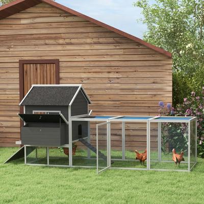 Show full view: PawHut 136-in Elevated Wooden Chicken Coop, 2 Nesting Boxes, Outdoor Run, Lockable Doors, Gray slide 2 of 9