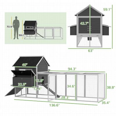 Show full view: PawHut 136-in Elevated Wooden Chicken Coop, 2 Nesting Boxes, Outdoor Run, Lockable Doors, Gray slide 3 of 9