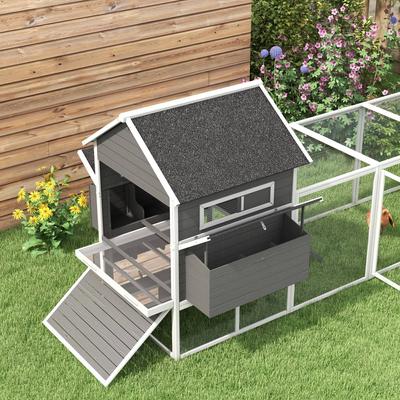 Show full view: PawHut 136-in Elevated Wooden Chicken Coop, 2 Nesting Boxes, Outdoor Run, Lockable Doors, Gray slide 8 of 9