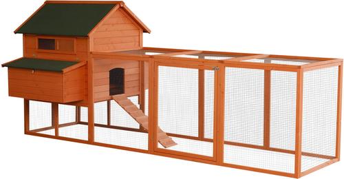 Show full view: PawHut 136-in Elevated Wooden Chicken Coop, 2 Nesting Boxes, Outdoor Run, Lockable Doors, Orange slide 2 of 8