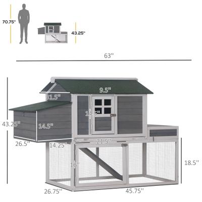 Show full view: PawHut Outdoor Back Yard House Poultry Cage Wooden with Raised Garden Bed, Run Area, & Removable Tray Nesting Box Chicken Coop, Gray slide 2 of 8