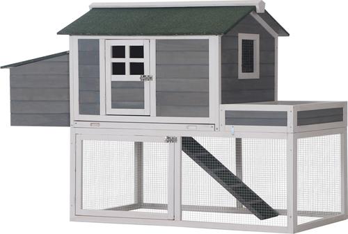 Show full view: PawHut Outdoor Back Yard House Poultry Cage Wooden with Raised Garden Bed, Run Area, & Removable Tray Nesting Box Chicken Coop, Gray slide 3 of 8