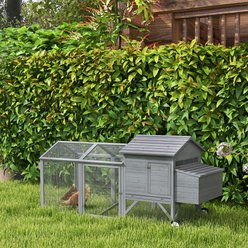 PawHut Outdoor Back Yard Portable Cage House Wooden with Wheels & Nesting Box Chicken Coop, Gray