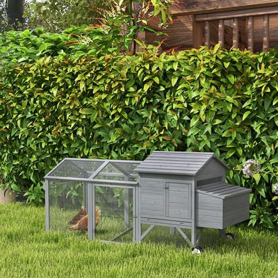 Show full view: PawHut Outdoor Back Yard Portable Cage House Wooden with Wheels & Nesting Box Chicken Coop, Gray slide 1 of 9