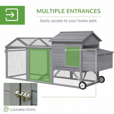 Show full view: PawHut Outdoor Back Yard Portable Cage House Wooden with Wheels & Nesting Box Chicken Coop, Gray slide 6 of 9