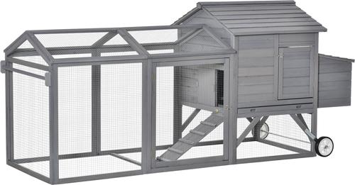 Show full view: PawHut Outdoor Back Yard Portable Cage House Wooden with Wheels & Nesting Box Chicken Coop, Gray slide 2 of 9