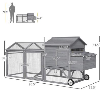 Show full view: PawHut Outdoor Back Yard Portable Cage House Wooden with Wheels & Nesting Box Chicken Coop, Gray slide 3 of 9
