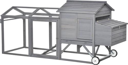 Show full view: PawHut Outdoor Back Yard Portable Cage House Wooden with Wheels & Nesting Box Chicken Coop, Gray slide 4 of 9