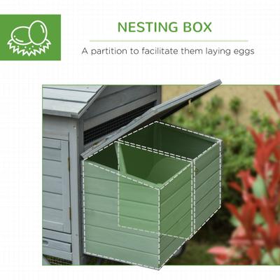 Show full view: PawHut Outdoor Back Yard Portable Cage House Wooden with Wheels & Nesting Box Chicken Coop, Gray slide 8 of 9