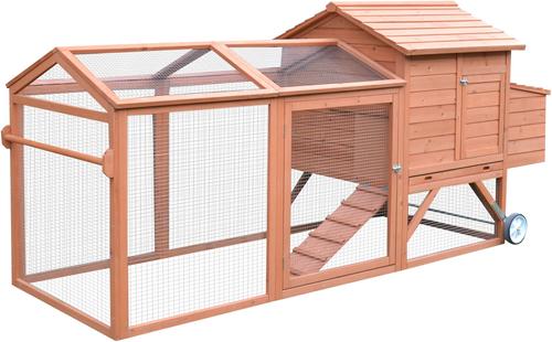 Show full view: PawHut Outdoor Back Yard Portable Cage House Wooden with Wheels & Nesting Box Chicken Coop, Natural Wood slide 2 of 8
