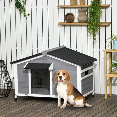 Show full view: PawHut Outdoor Cabin-Style Wooden Dog House, Gray slide 3 of 10