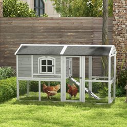 PawHut 77-in Elevated Wooden Chicken Coop, Nesting Box, Outdoor Run, Lockable Doors, Roosting Bar, Light Gray