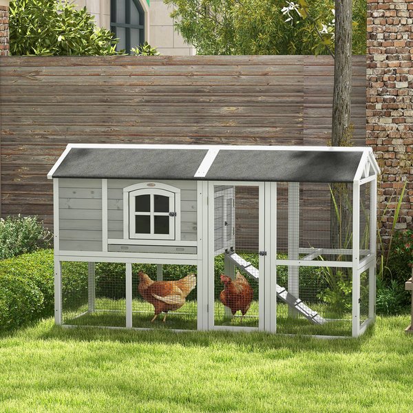 PawHut 80-in Elevated Wooden Chicken Coop, Nesting Box, Outdoor Double Runs, Lockable Doors, Natural
