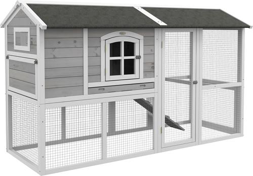 Show full view: PawHut 77-in Elevated Wooden Chicken Coop, Nesting Box, Outdoor Run, Lockable Doors, Roosting Bar, Light Gray slide 2 of 10
