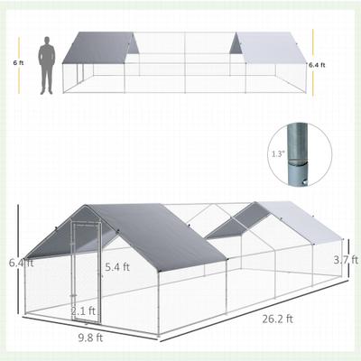 Show full view: PawHut Outdoor & Yard Farm Use Waterproof & Anti-UV Cover, Spire Shaped Walk in Fence Cage Run House Metal Chicken Coop, Large: 9.8 x 26.2 x 6.4-ft slide 3 of 9