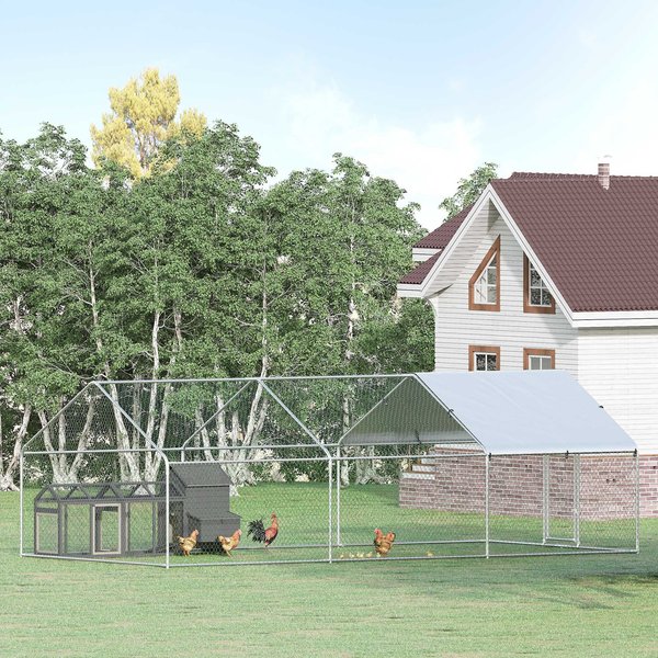PawHut Outdoor & Yard Farm Use Waterproof & Anti-UV Cover, Spire Shaped Walk in Fence Cage Run House Metal Chicken Coop