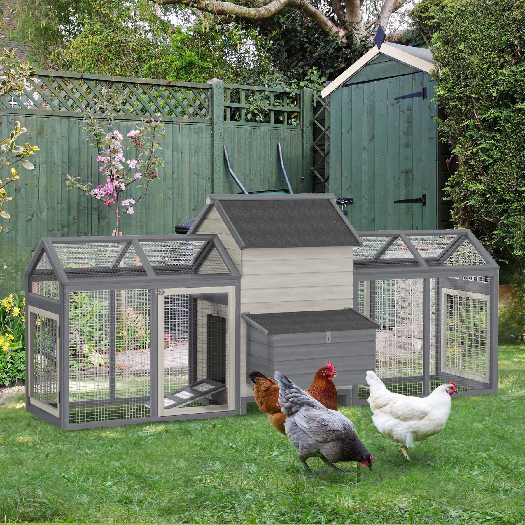 PawHut Pen Backyard Rabbit Hutch Poultry Cage Wooden with Double Run & Nesting Box Chicken Coop, Large: 100.75 x 39 x 43-in