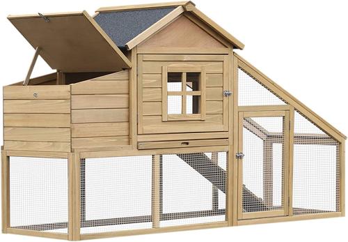 Show full view: PawHut Poultry Cage House Wooden with Connecting Ramp, Removable Tray, Ventilated Window & Nesting Box Chicken Coop, Natural Wood slide 4 of 9