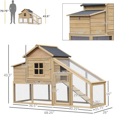 Show full view: PawHut Poultry Cage House Wooden with Connecting Ramp, Removable Tray, Ventilated Window & Nesting Box Chicken Coop, Natural Wood slide 3 of 9