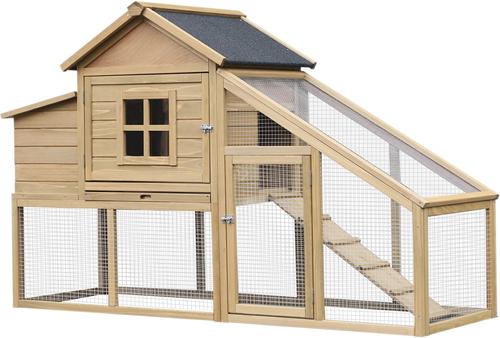 Show full view: PawHut Poultry Cage House Wooden with Connecting Ramp, Removable Tray, Ventilated Window & Nesting Box Chicken Coop, Natural Wood slide 2 of 9