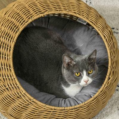 Show full view: PawHut Rattan Elevated Cat Bed with Removable Cover, Brown, 19.7-in slide 7 of 10
