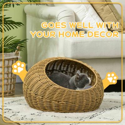 Show full view: PawHut Rattan Elevated Cat Bed with Removable Cover, Brown, 19.7-in slide 6 of 10