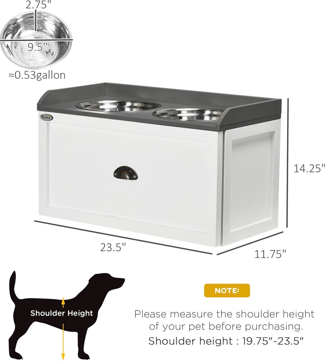 PawHut Stainless Steel Elevated Dog Bowls with Storage Drawer