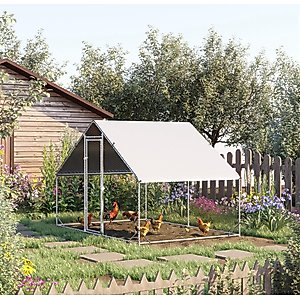PawHut Walk-in Poultry Cage Galvanized Outdoor Metal Chicken Coop, Silver, Large, 6.6-ft