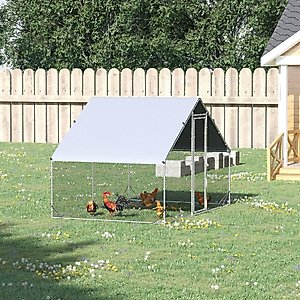 PawHut Walk-in Poultry Cage Galvanized Outdoor Metal Chicken Coop, Silver, Large, 6.6-ft
