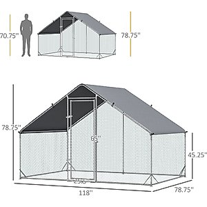 PawHut Walk-in Poultry Cage Galvanized Outdoor Metal Chicken Coop, Silver, Large, 6.6-ft