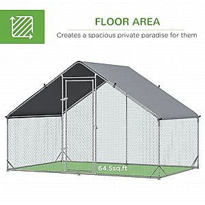 PawHut Walk-in Poultry Cage Galvanized Outdoor Metal Chicken Coop, Silver, Large, 6.6-ft
