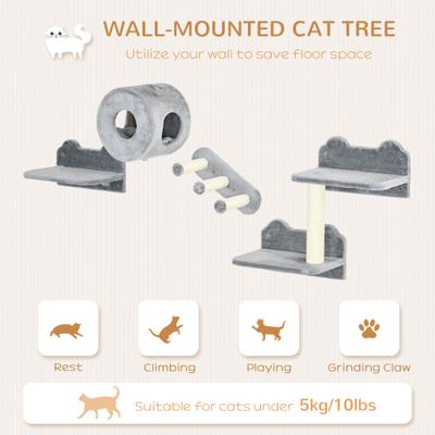 Show full view: PawHut Wall Mounted Cat Shelves, 4 count, Gray, Gray slide 4 of 10