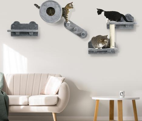Show full view: PawHut Wall Mounted Cat Shelves, 4 count, Gray, Gray slide 2 of 10