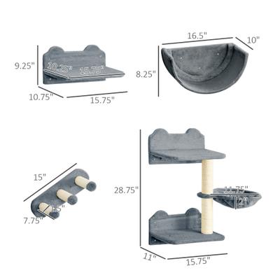 Show full view: PawHut Wall Mounted Cat Shelves, 4 count, Gray slide 4 of 10