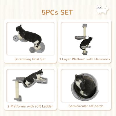 Show full view: PawHut Wall Mounted Cat Shelves, 5 count, Gray slide 5 of 9