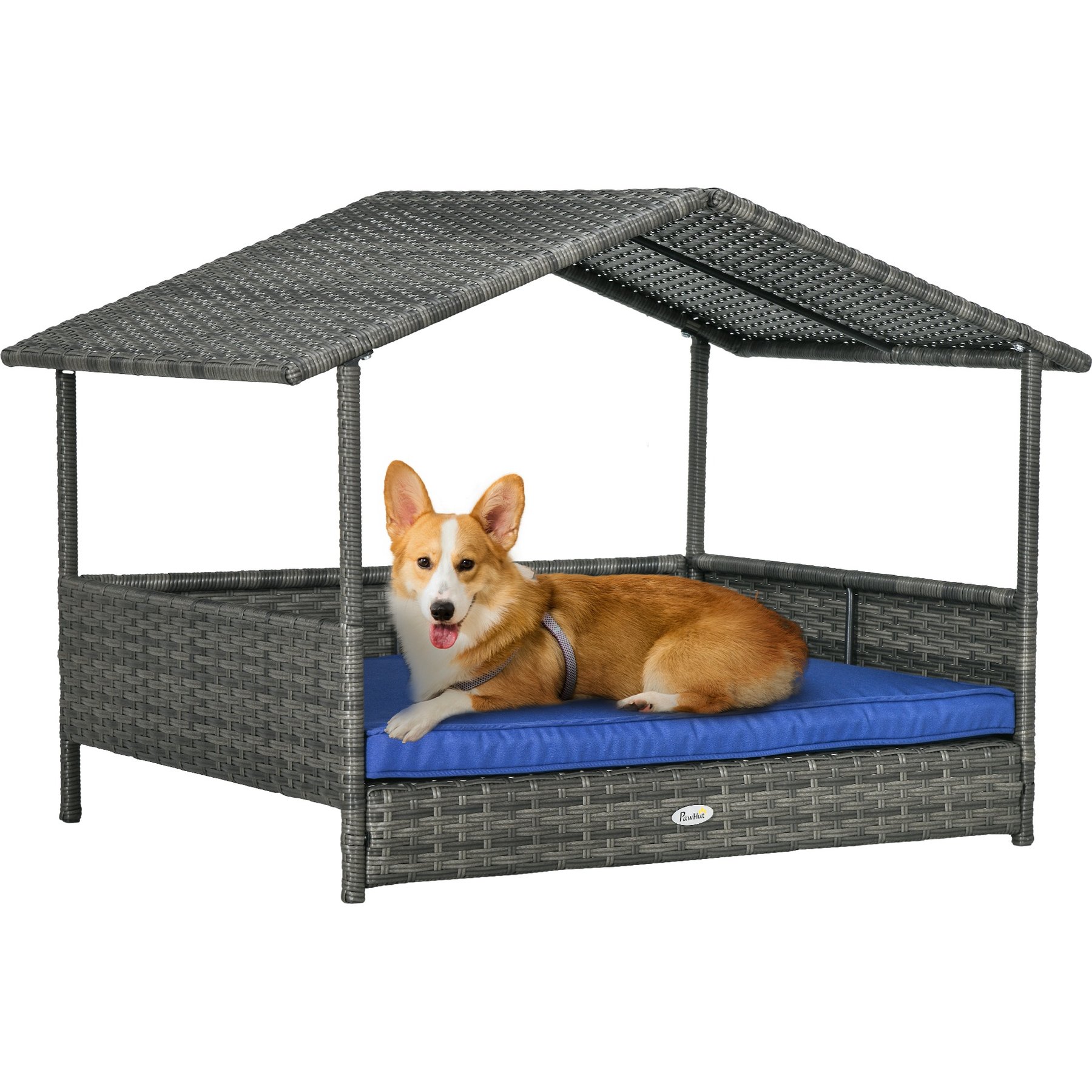 PawHut Wicker Indoor & Outdoor Covered Dog Bed, 31.5-in, Dark Blue