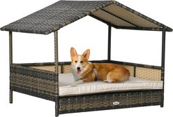 PawHut Wicker Indoor & Outdoor Covered Dog Bed, 31.5-in, Khaki