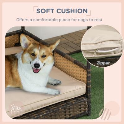 Show full view: PawHut Wicker Indoor & Outdoor Covered Dog Bed, 31.5-in, Khaki slide 8 of 9