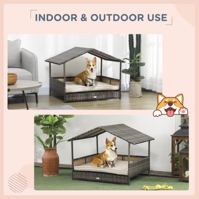 Show full view: PawHut Wicker Indoor & Outdoor Covered Dog Bed, 31.5-in, Khaki slide 4 of 9
