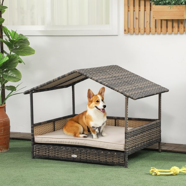 Show full view: PawHut Wicker Indoor & Outdoor Covered Dog Bed, 31.5-in, Khaki slide 2 of 9