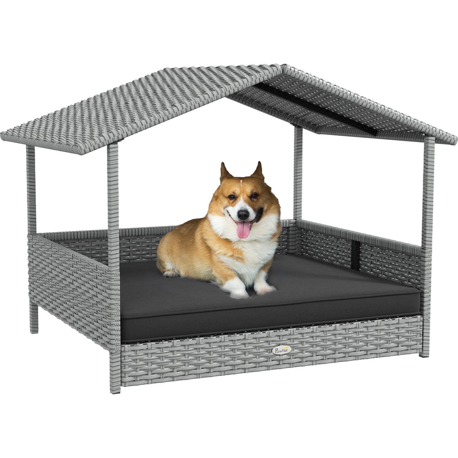 PawHut Wicker Indoor & Outdoor Covered Small & Medium Dog Bed, 31.5-in, Gray