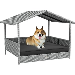 PawHut Wicker Indoor & Outdoor Covered Small & Medium Dog Bed, 31.5-in, Gray