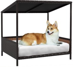 PawHut Wicker Rattan Indoor & Outdoor Covered Raised Medium Dog Sofa Bed, Brown/White, 33.5-in